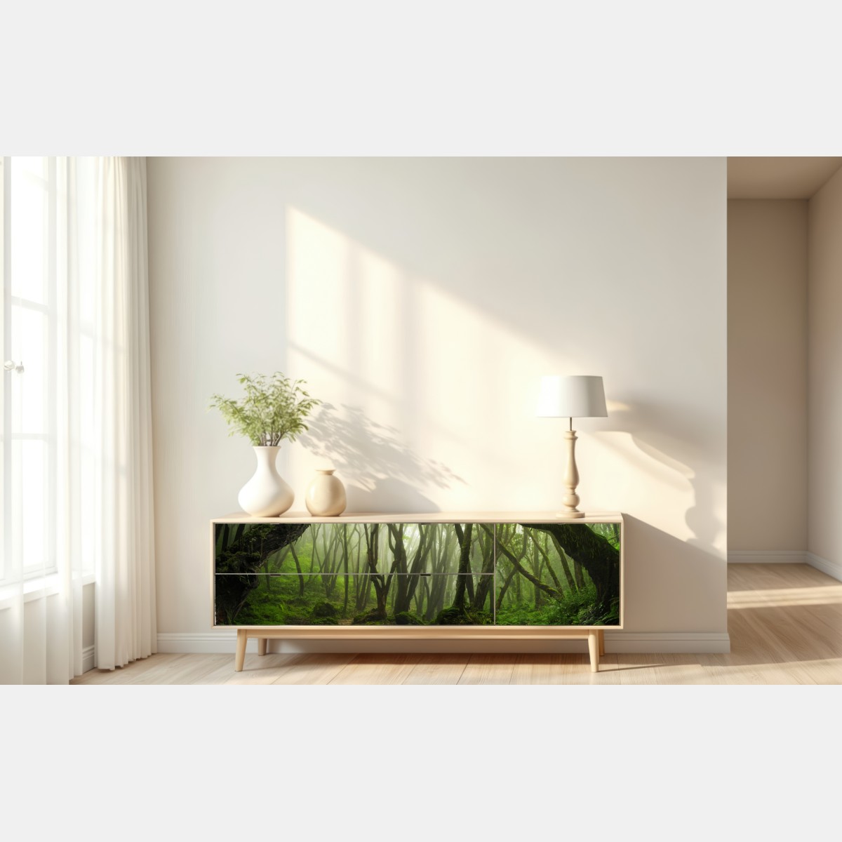 Naklejka repozycjonowalna mglisty zielony leśny szlak – Wallissimo® Naklejka repozycjonowalna mglisty zielony leśny szlak – Wallissimo®