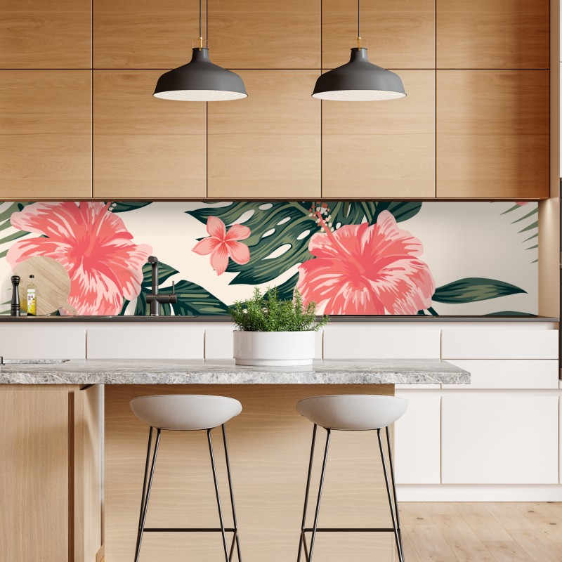 Naklejka repozycjonowalna tropikalny wzór hibiskusa – Wallissimo® Naklejka repozycjonowalna tropikalny wzór hibiskusa – Wallissimo®