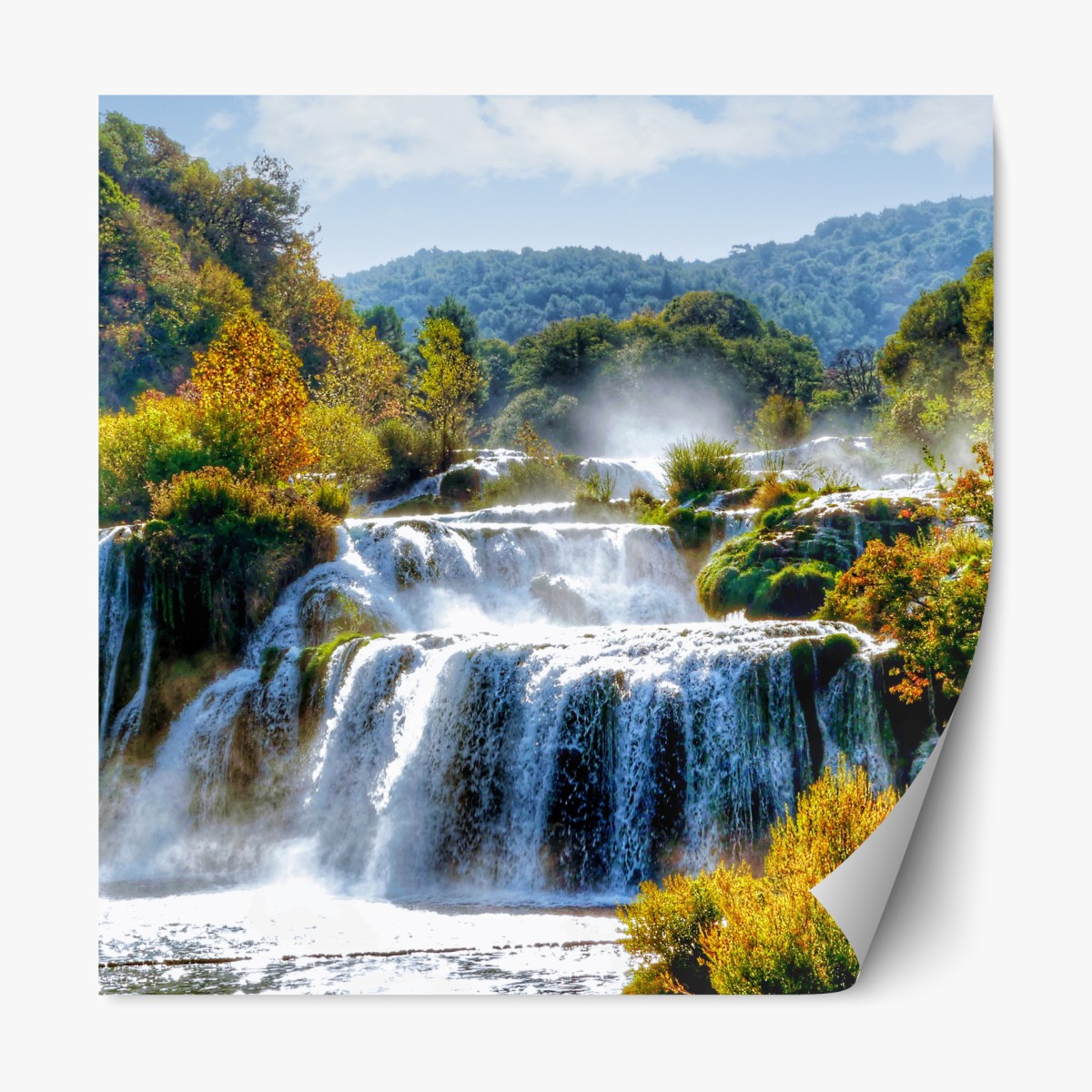 Repositionable sticker cascading waterfall in lush forest