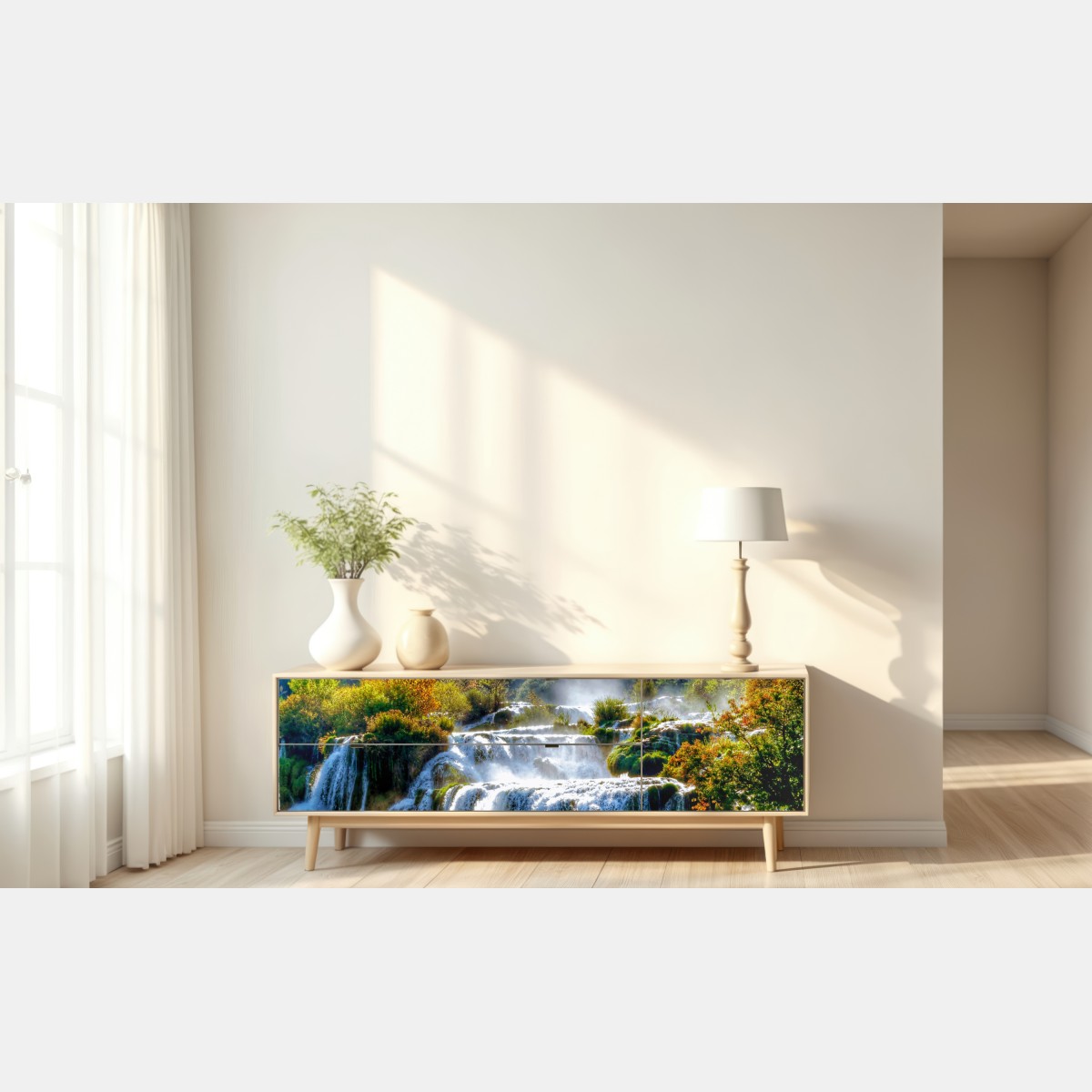 Naklejka repozycjonowalna kaskadowy wodospad w bujnym lesie – Wallissimo® Naklejka repozycjonowalna kaskadowy wodospad w bujnym lesie – Wallissimo®