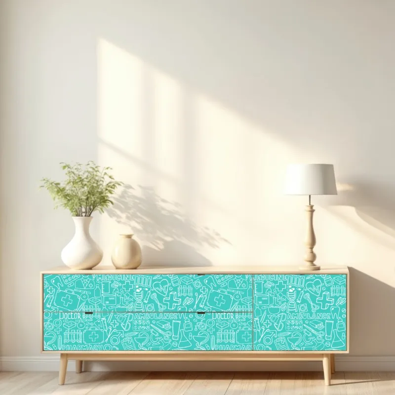 Naklejka repozycjonowalna turkusowy wzór z ikonami medycznymi – Wallissimo® Naklejka repozycjonowalna turkusowy wzór z ikonami medycznymi – Wallissimo®
