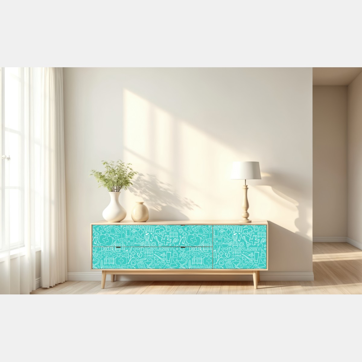 Naklejka repozycjonowalna turkusowy wzór z ikonami medycznymi – Wallissimo® Naklejka repozycjonowalna turkusowy wzór z ikonami medycznymi – Wallissimo®