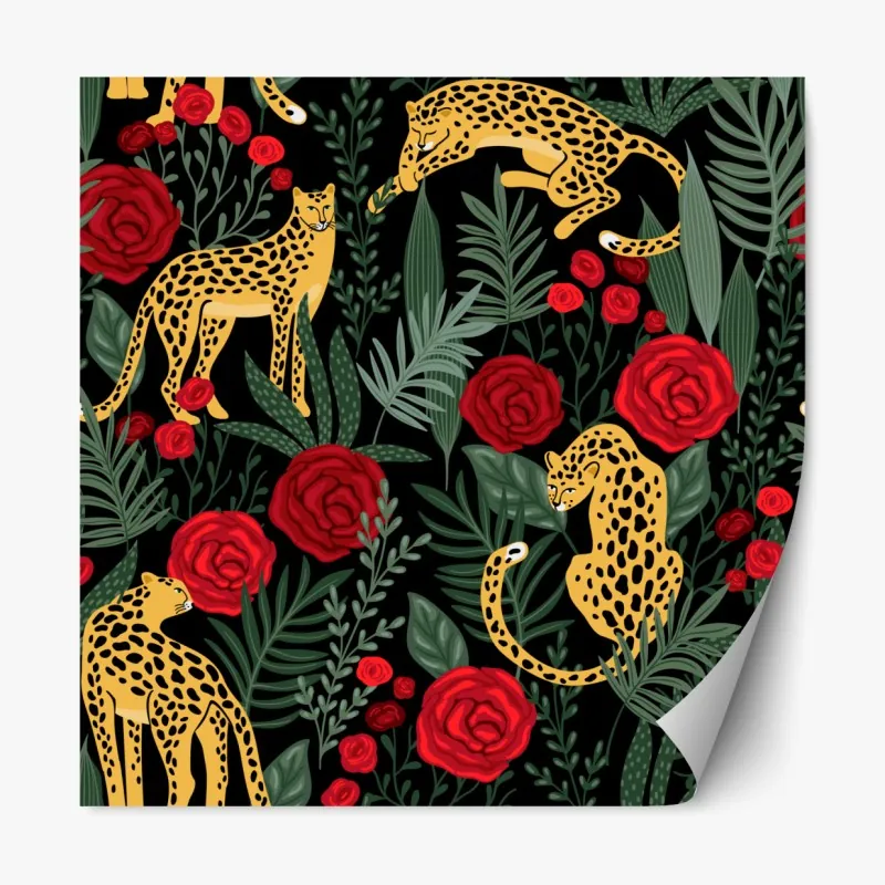 Naklejka repozycjonowalna złote gepardy i czerwone róże