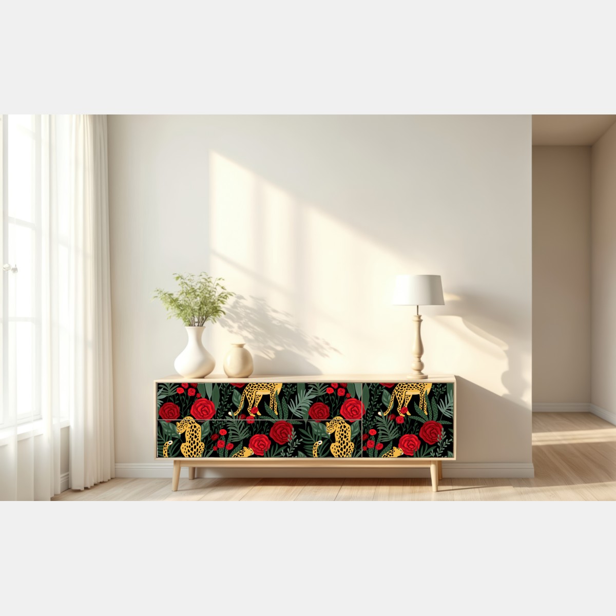 Naklejka repozycjonowalna złote gepardy i czerwone róże – Wallissimo® Naklejka repozycjonowalna złote gepardy i czerwone róże – Wallissimo®