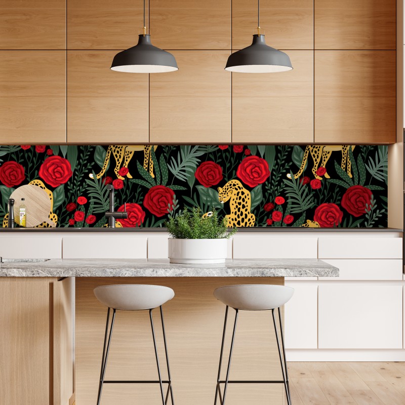 Naklejka repozycjonowalna złote gepardy i czerwone róże – Wallissimo® Naklejka repozycjonowalna złote gepardy i czerwone róże – Wallissimo®
