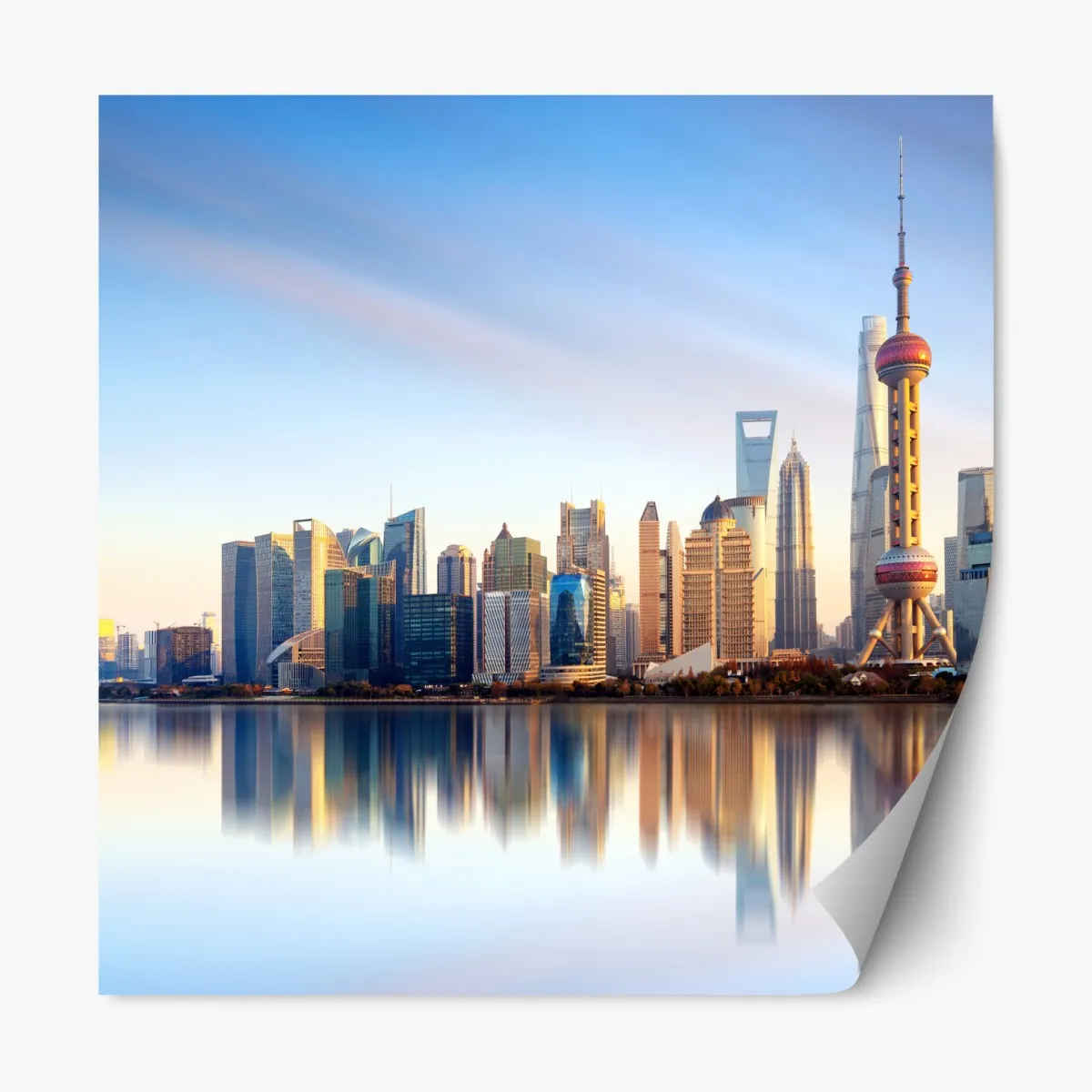 Naklejka repozycjonowalna Szanghaj linia horyzontu nad wodą – Wallissimo® Naklejka repozycjonowalna Szanghaj linia horyzontu nad wodą – Wallissimo®