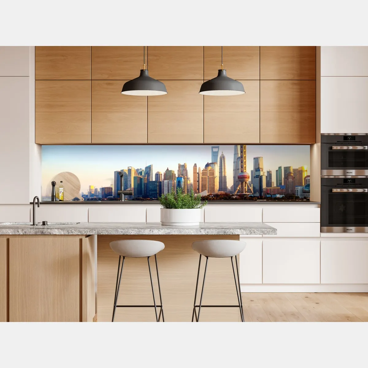 Naklejka repozycjonowalna Szanghaj linia horyzontu nad wodą – Wallissimo® Naklejka repozycjonowalna Szanghaj linia horyzontu nad wodą – Wallissimo®