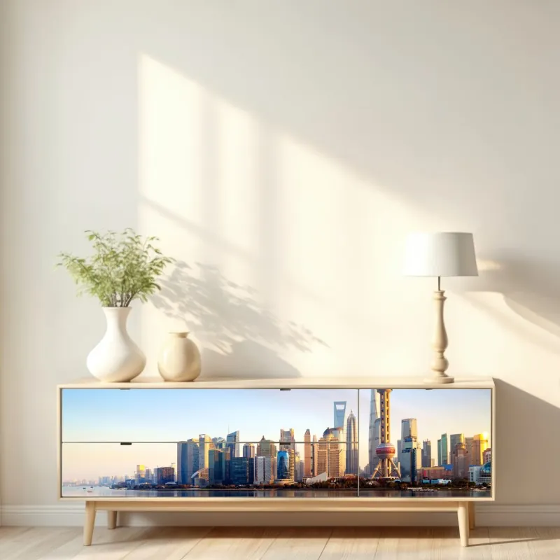 Naklejka repozycjonowalna Szanghaj linia horyzontu nad wodą – Wallissimo® Naklejka repozycjonowalna Szanghaj linia horyzontu nad wodą – Wallissimo®