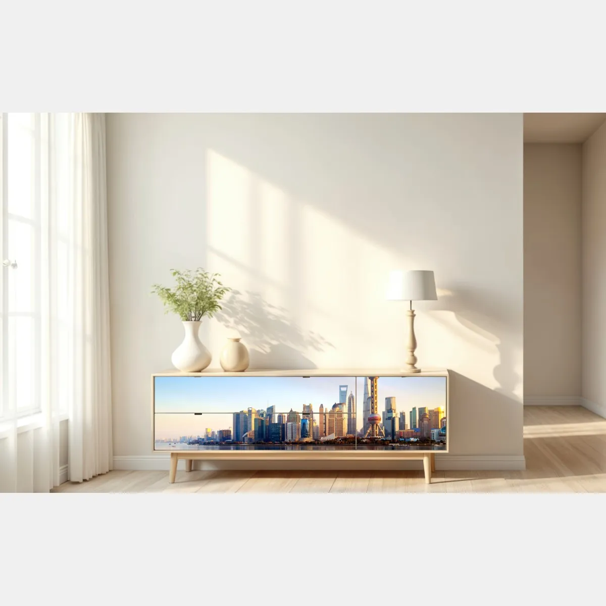 Naklejka repozycjonowalna Szanghaj linia horyzontu nad wodą – Wallissimo® Naklejka repozycjonowalna Szanghaj linia horyzontu nad wodą – Wallissimo®