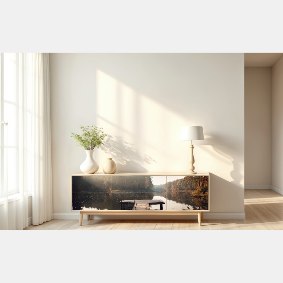 Naklejka repozycjonowalna jesienne przedpołudnie nad jeziorem z pomostem – Wallissimo® Naklejka repozycjonowalna jesienne przedpołudnie nad jeziorem z pomostem – Wallissimo®