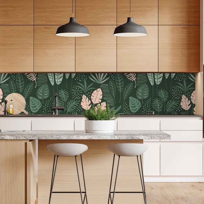 Naklejka repozycjonowalna tropikalny wzór liści w stonowanej zieleni i różu – Wallissimo® Naklejka repozycjonowalna tropikalny wzór liści w stonowanej zieleni i różu – Wallissimo®