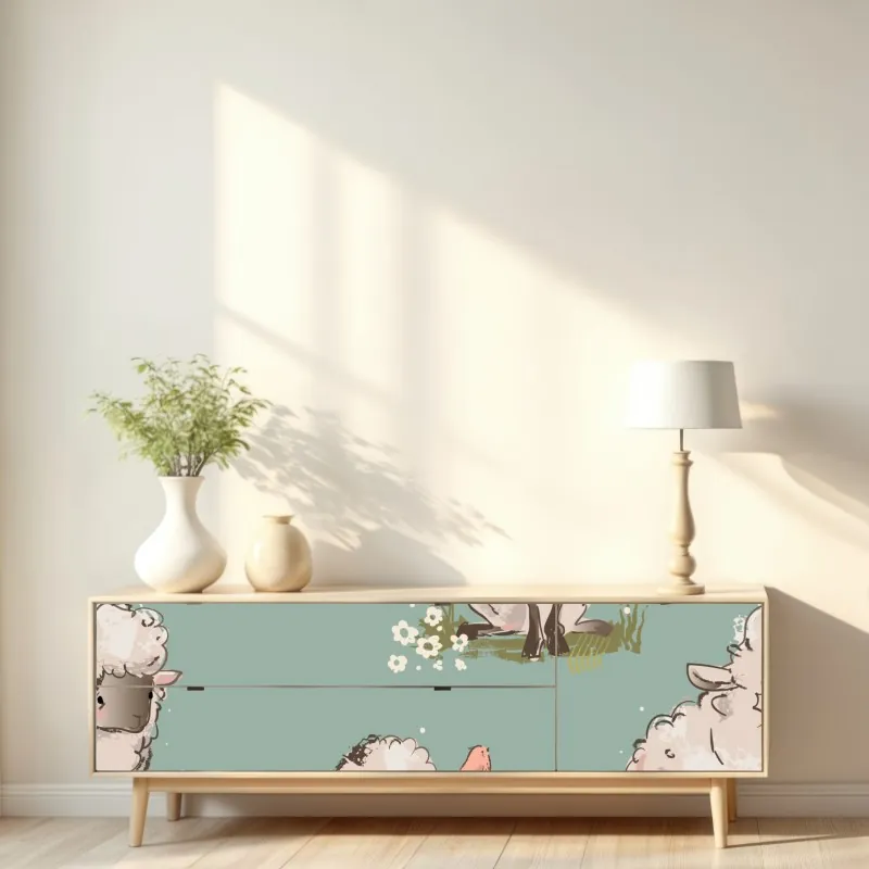 Naklejka repozycjonowalna urocze jagnięta na turkusowym tle – Wallissimo® Naklejka repozycjonowalna urocze jagnięta na turkusowym tle – Wallissimo®