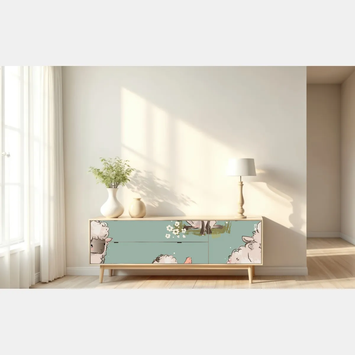 Naklejka repozycjonowalna urocze jagnięta na turkusowym tle – Wallissimo® Naklejka repozycjonowalna urocze jagnięta na turkusowym tle – Wallissimo®