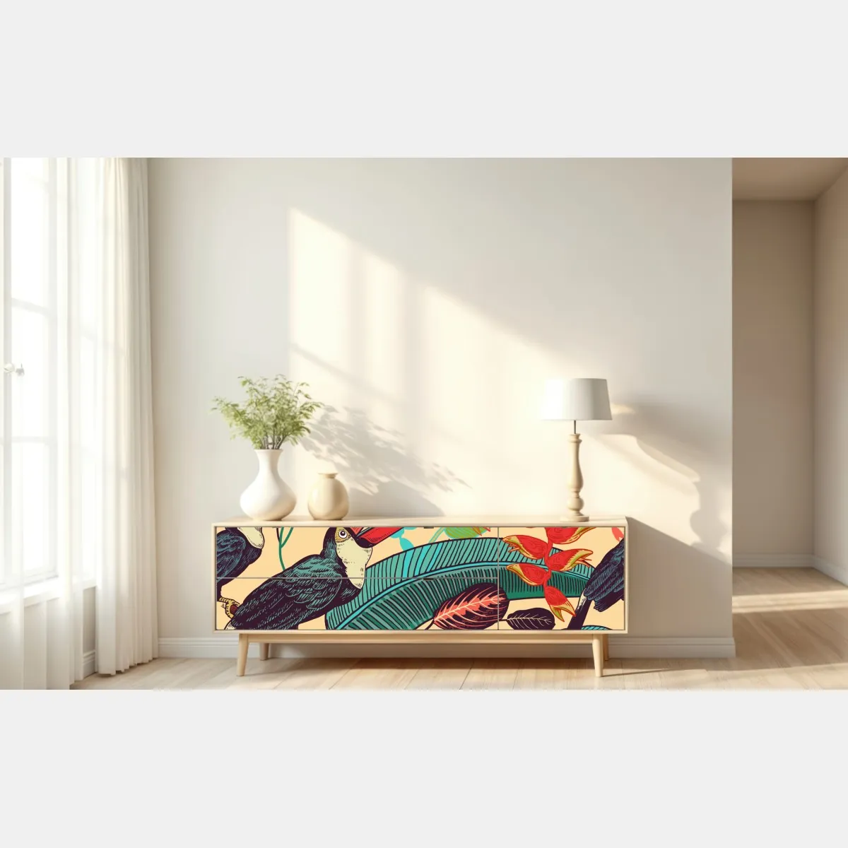 Naklejka repozycjonowalna tropikalny raj tukanów – Wallissimo® Naklejka repozycjonowalna tropikalny raj tukanów – Wallissimo®