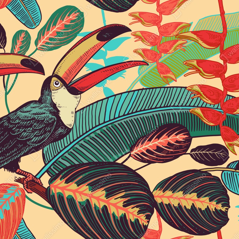 Naklejka repozycjonowalna tropikalny raj tukanów – Wallissimo® Naklejka repozycjonowalna tropikalny raj tukanów – Wallissimo®