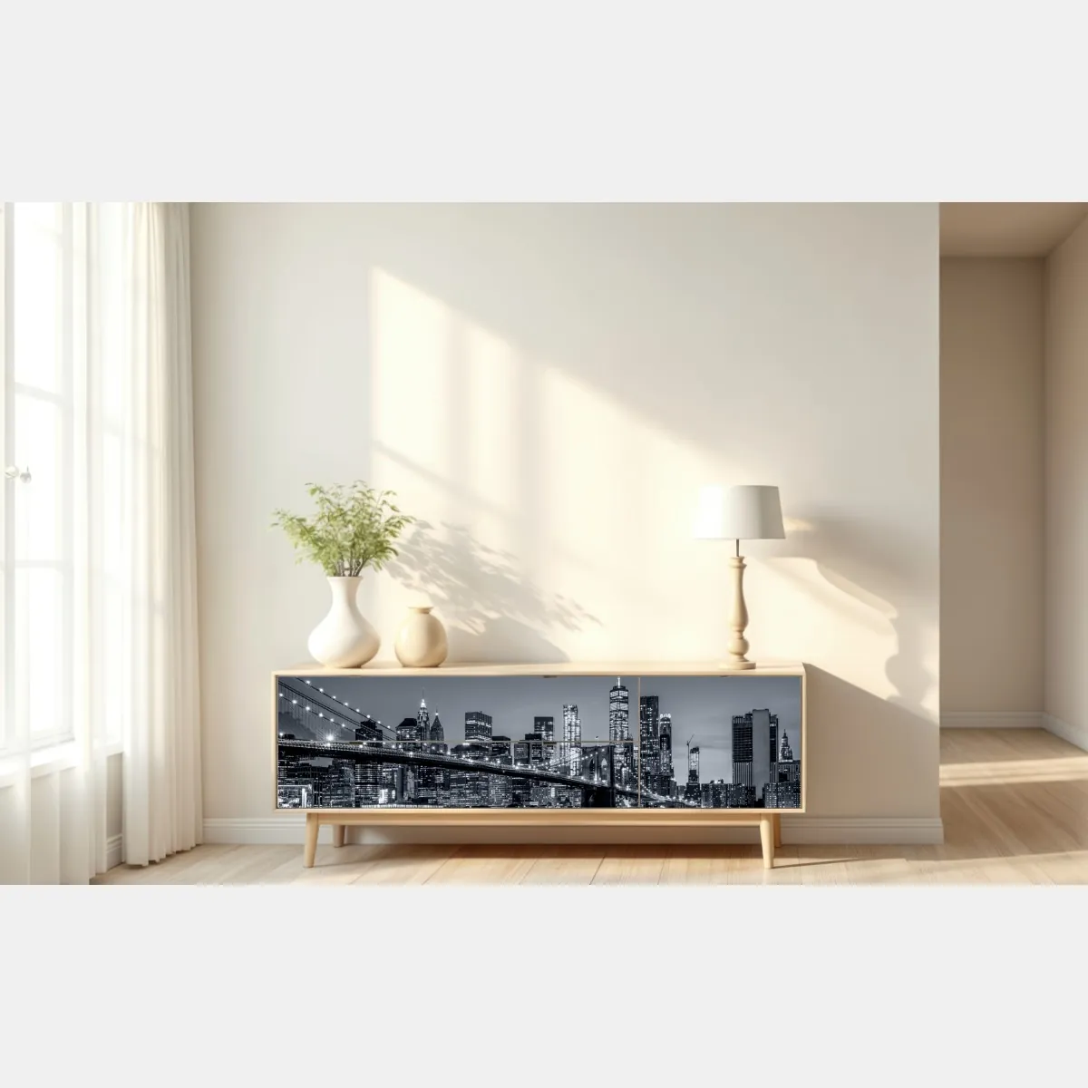 Naklejka repozycjonowalna Nowy Jork panorama nocna z Mostem Brooklińskim – Wallissimo® Naklejka repozycjonowalna Nowy Jork panorama nocna z Mostem Brooklińskim – Wallissimo®