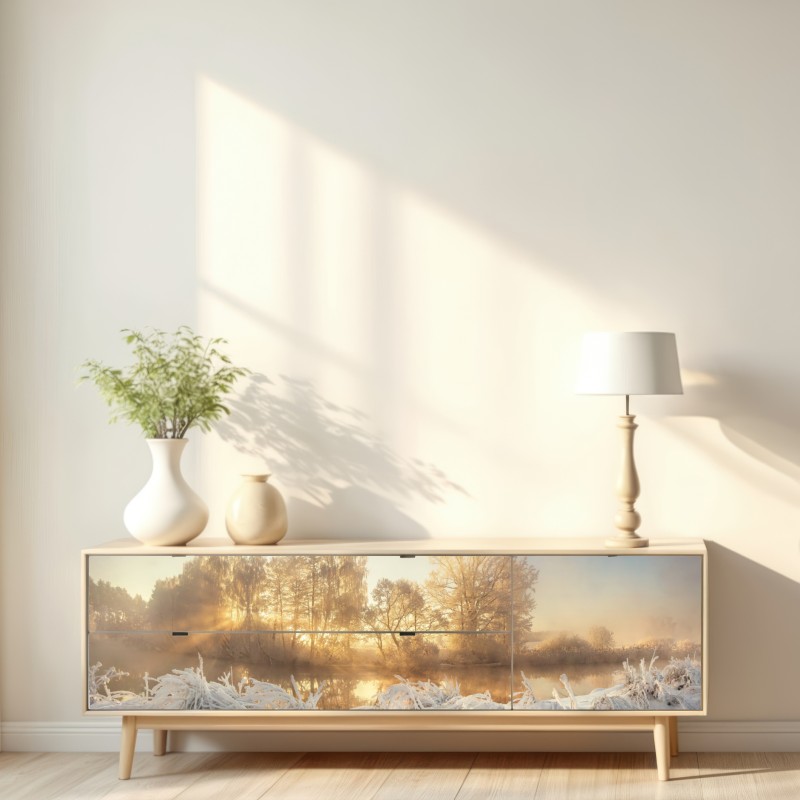 Naklejka repozycjonowalna złoty zimowy wschód słońca nad mroźną rzeką – Wallissimo® Naklejka repozycjonowalna złoty zimowy wschód słońca nad mroźną rzeką – Wallissimo®