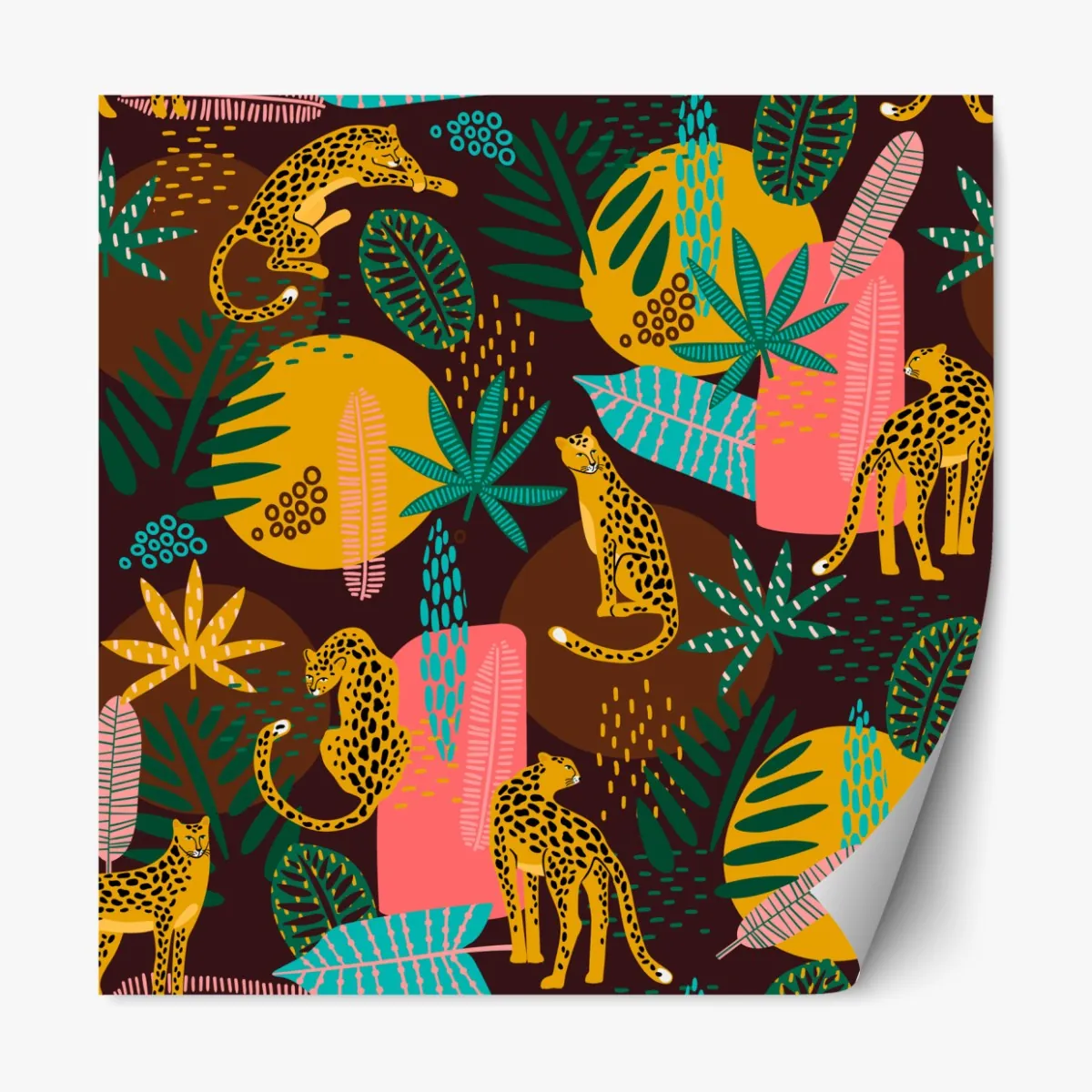 Naklejka repozycjonowalna tropikalny wzór z gepardami i żywą roślinnością – Wallissimo® Naklejka repozycjonowalna tropikalny wzór z gepardami i żywą roślinnością – Wallissimo®