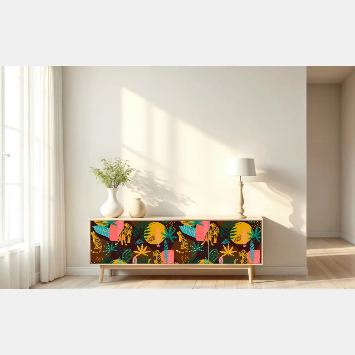 Naklejka repozycjonowalna tropikalny wzór z gepardami i żywą roślinnością – Wallissimo® Naklejka repozycjonowalna tropikalny wzór z gepardami i żywą roślinnością – Wallissimo®