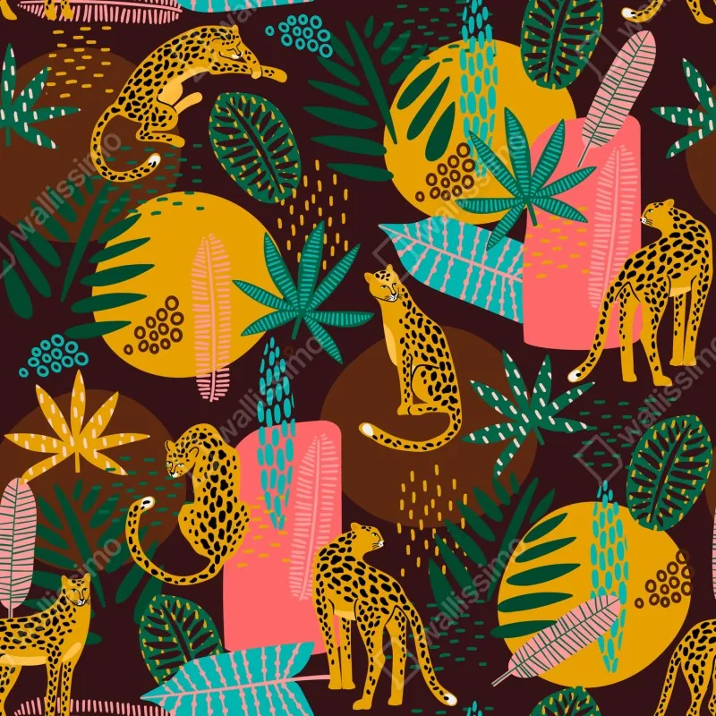 Naklejka repozycjonowalna tropikalny wzór z gepardami i żywą roślinnością – Wallissimo® Naklejka repozycjonowalna tropikalny wzór z gepardami i żywą roślinnością – Wallissimo®