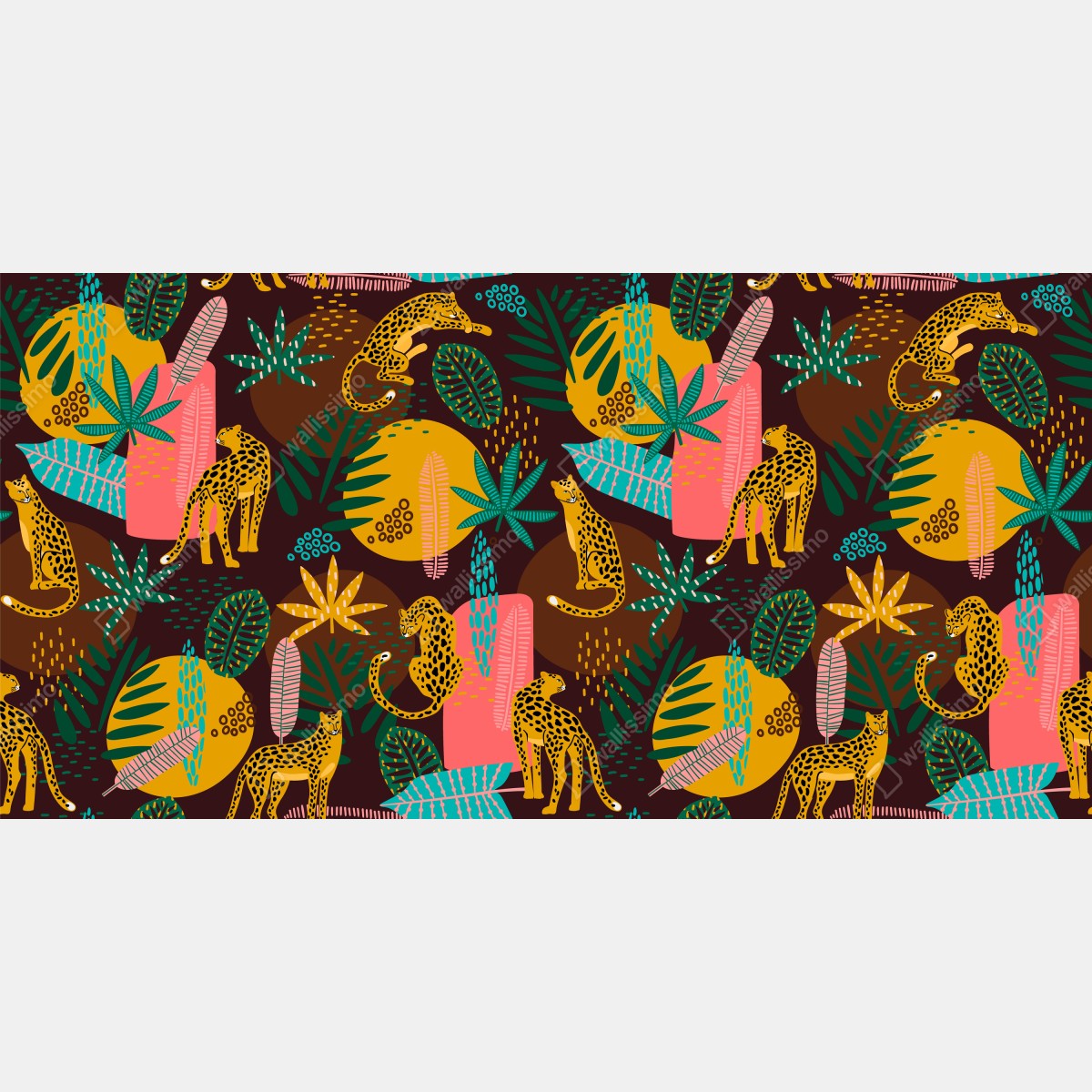 Naklejka repozycjonowalna tropikalny wzór z gepardami i żywą roślinnością – Wallissimo® Naklejka repozycjonowalna tropikalny wzór z gepardami i żywą roślinnością – Wallissimo®