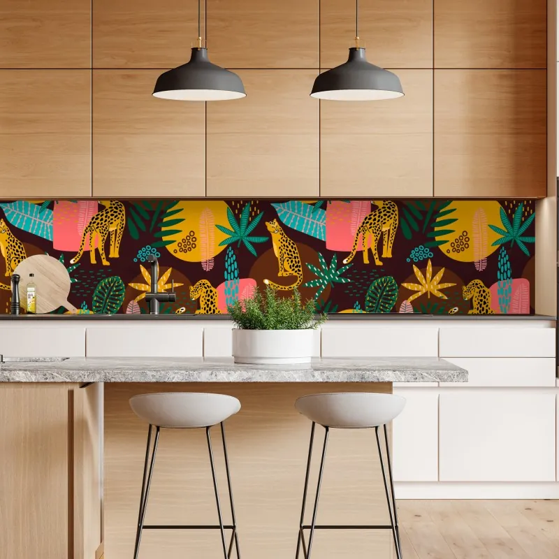 Naklejka repozycjonowalna tropikalny wzór z gepardami i żywą roślinnością – Wallissimo® Naklejka repozycjonowalna tropikalny wzór z gepardami i żywą roślinnością – Wallissimo®