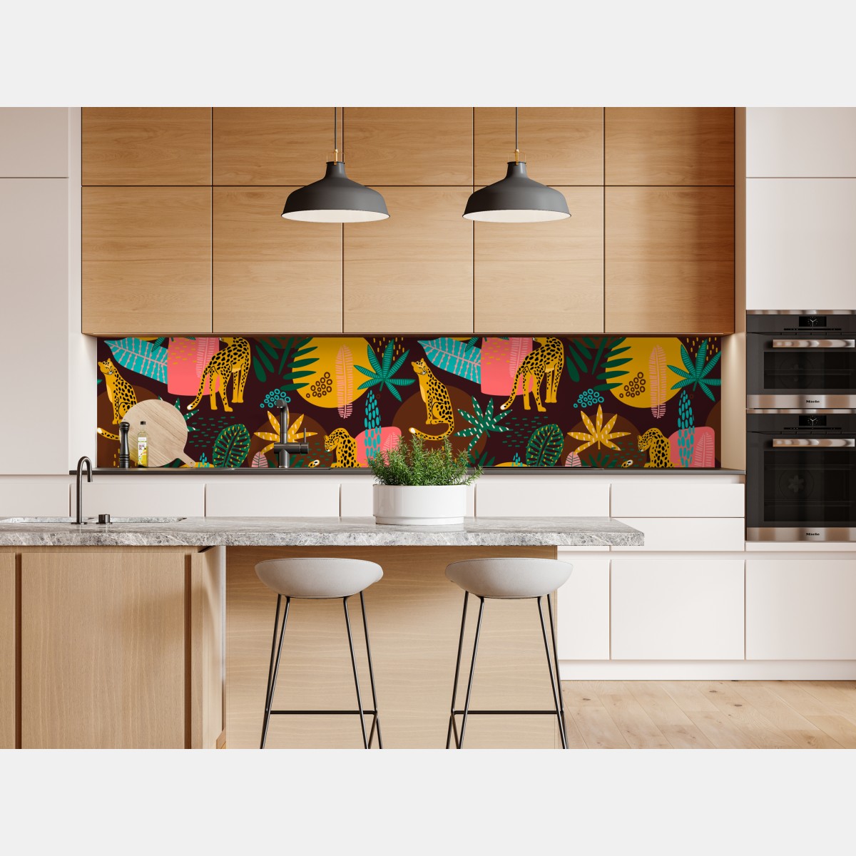 Naklejka repozycjonowalna tropikalny wzór z gepardami i żywą roślinnością – Wallissimo® Naklejka repozycjonowalna tropikalny wzór z gepardami i żywą roślinnością – Wallissimo®
