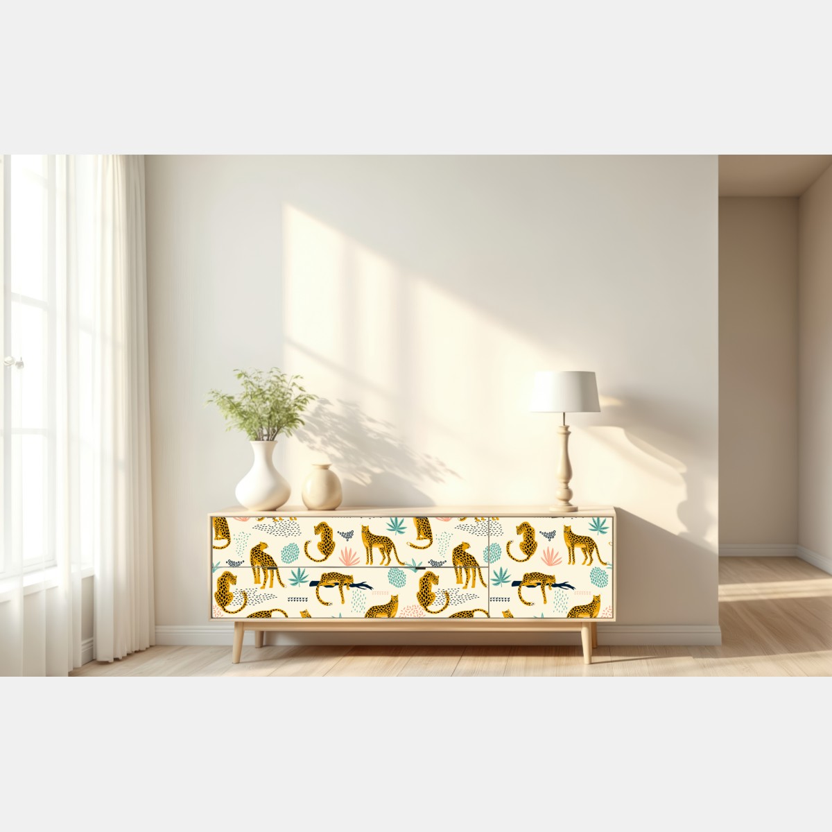 Naklejka repozycjonowalna wzór z gepardami w pastelowych tonach – Wallissimo® Naklejka repozycjonowalna wzór z gepardami w pastelowych tonach – Wallissimo®