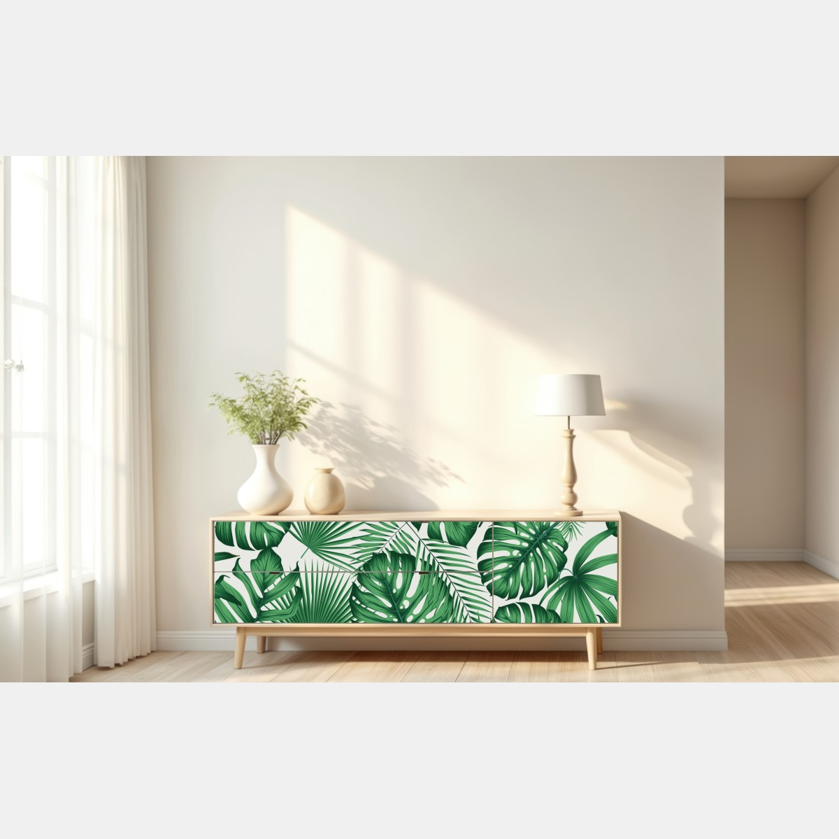 Naklejka repozycjonowalna tropikalny wzór liści monstery i palm – Wallissimo® Naklejka repozycjonowalna tropikalny wzór liści monstery i palm – Wallissimo®