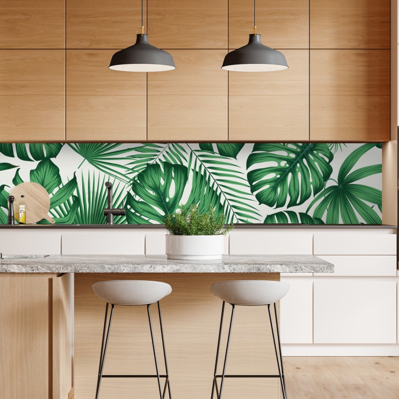 Naklejka repozycjonowalna tropikalny wzór liści monstery i palm – Wallissimo® Naklejka repozycjonowalna tropikalny wzór liści monstery i palm – Wallissimo®