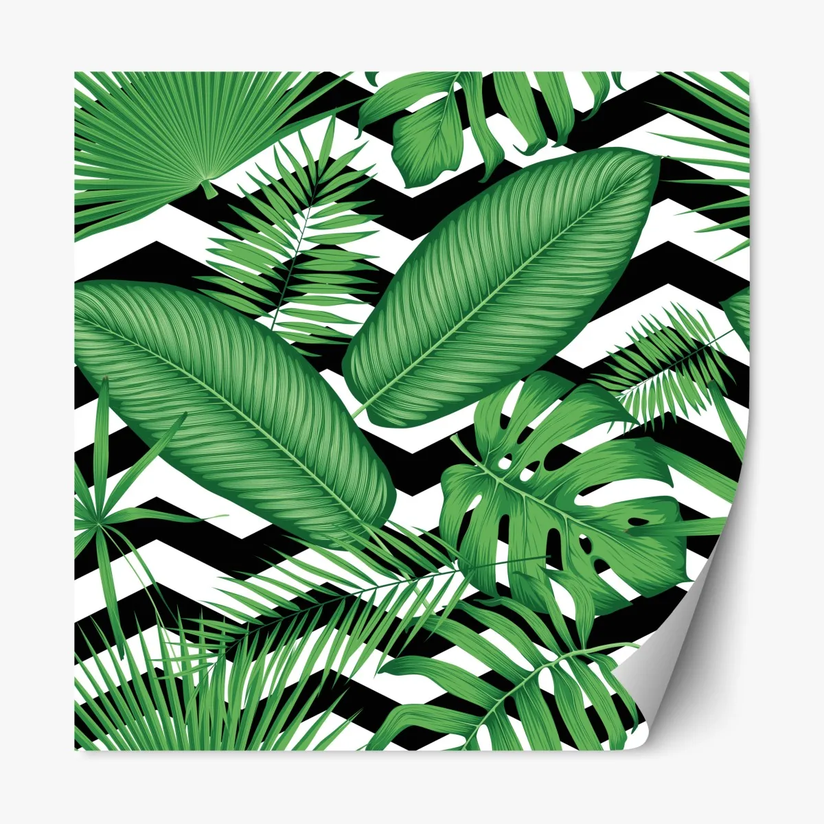 Naklejka repozycjonowalna tropikalne liście na zygzakowatym tle – Wallissimo® Naklejka repozycjonowalna tropikalne liście na zygzakowatym tle – Wallissimo®