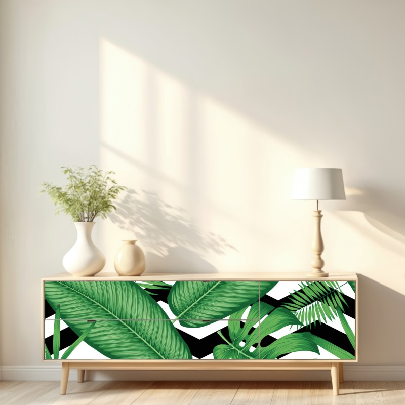 Naklejka repozycjonowalna tropikalne liście na zygzakowatym tle – Wallissimo® Naklejka repozycjonowalna tropikalne liście na zygzakowatym tle – Wallissimo®