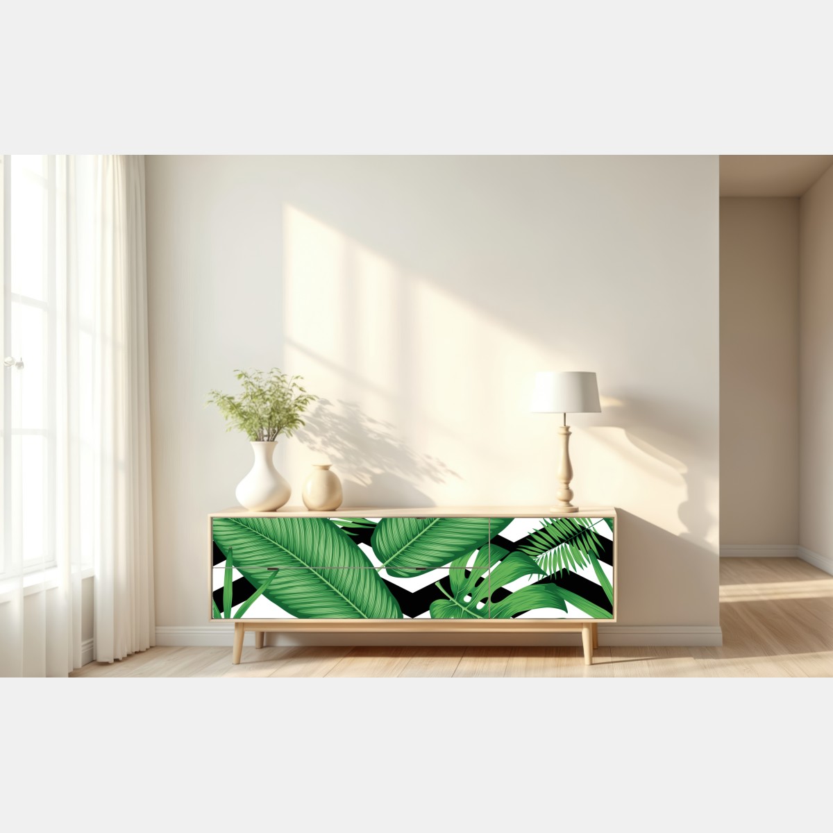 Naklejka repozycjonowalna tropikalne liście na zygzakowatym tle – Wallissimo® Naklejka repozycjonowalna tropikalne liście na zygzakowatym tle – Wallissimo®