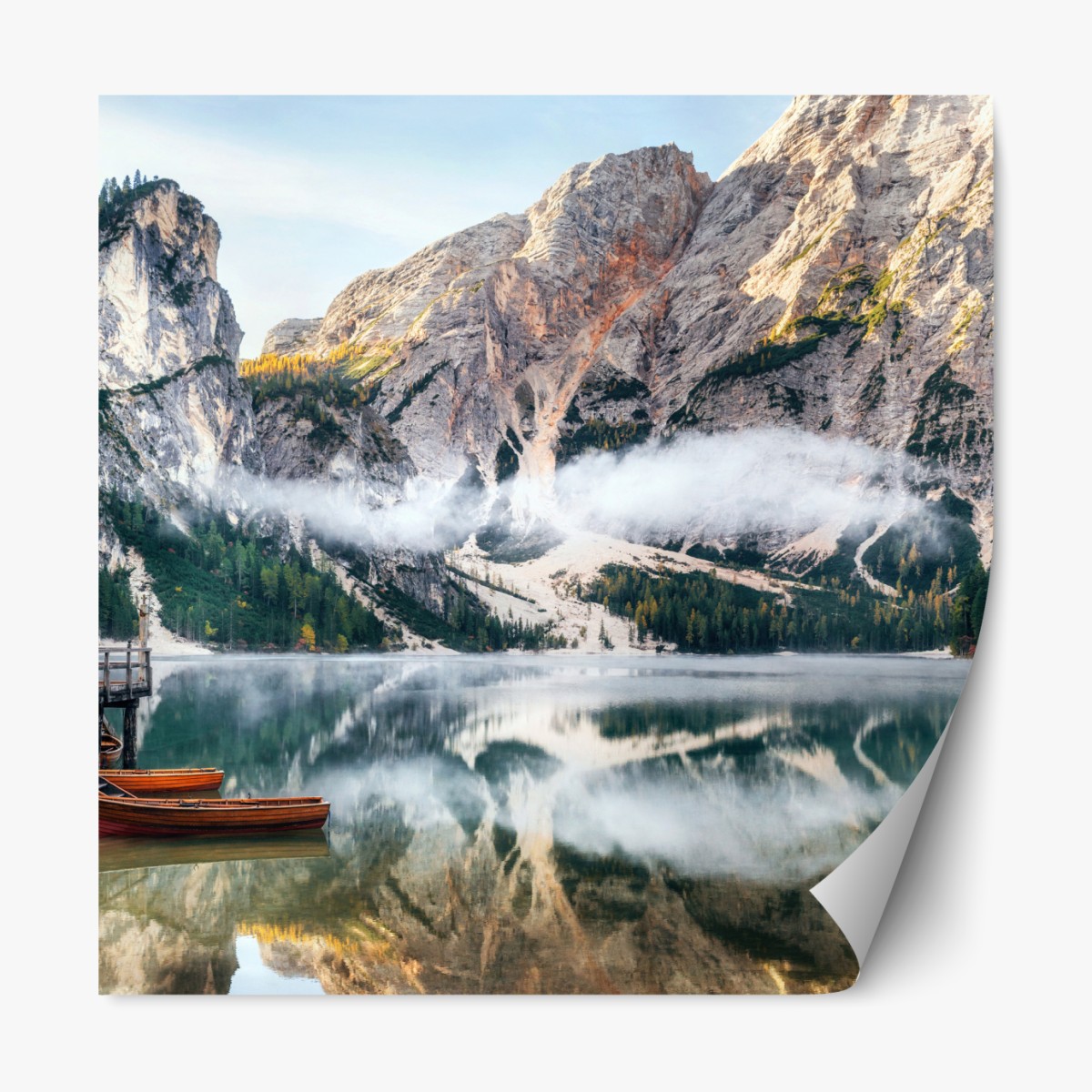 Repositionable sticker misty alpine lake reflection