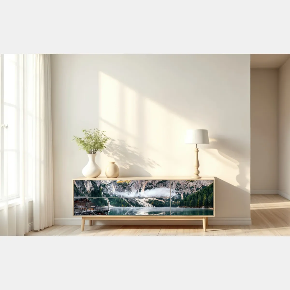 Naklejka repozycjonowalna mgła nad alpejskim jeziorem – Wallissimo® Naklejka repozycjonowalna mgła nad alpejskim jeziorem – Wallissimo®