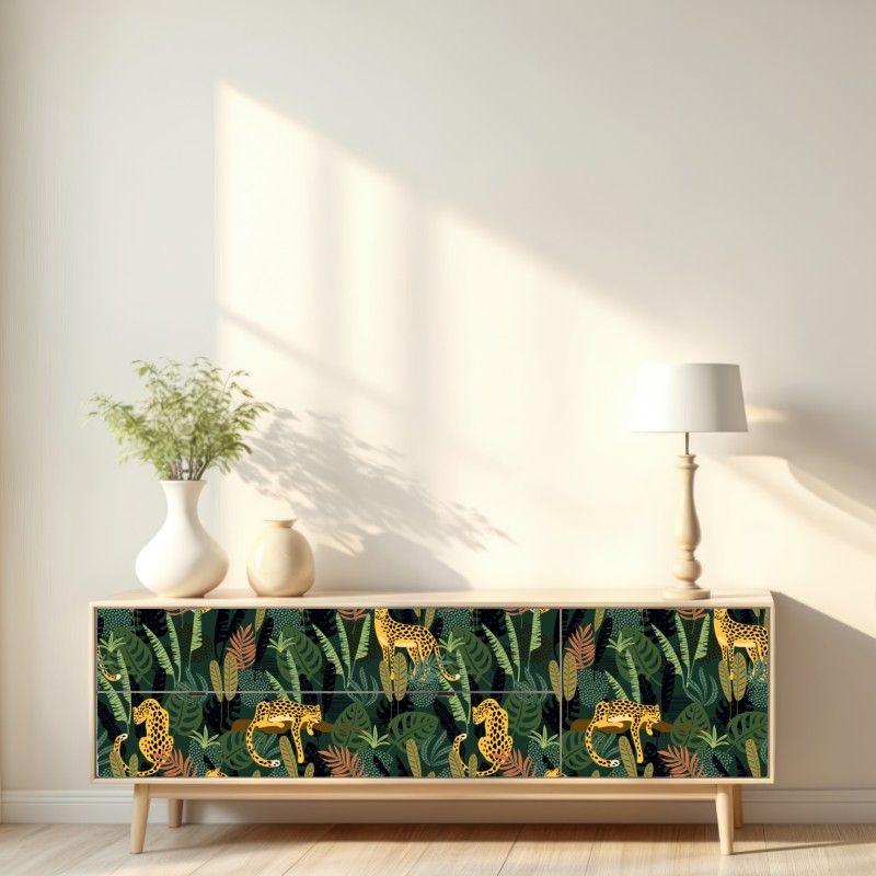 Naklejka repozycjonowalna tropikalny wzór z lampartami – Wallissimo® Naklejka repozycjonowalna tropikalny wzór z lampartami – Wallissimo®