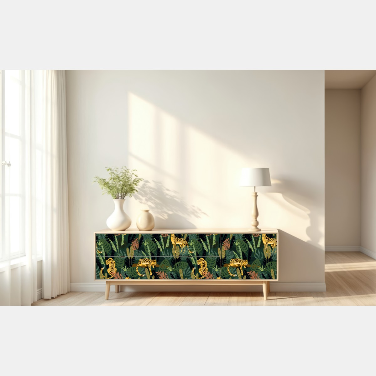 Naklejka repozycjonowalna tropikalny wzór z lampartami – Wallissimo® Naklejka repozycjonowalna tropikalny wzór z lampartami – Wallissimo®