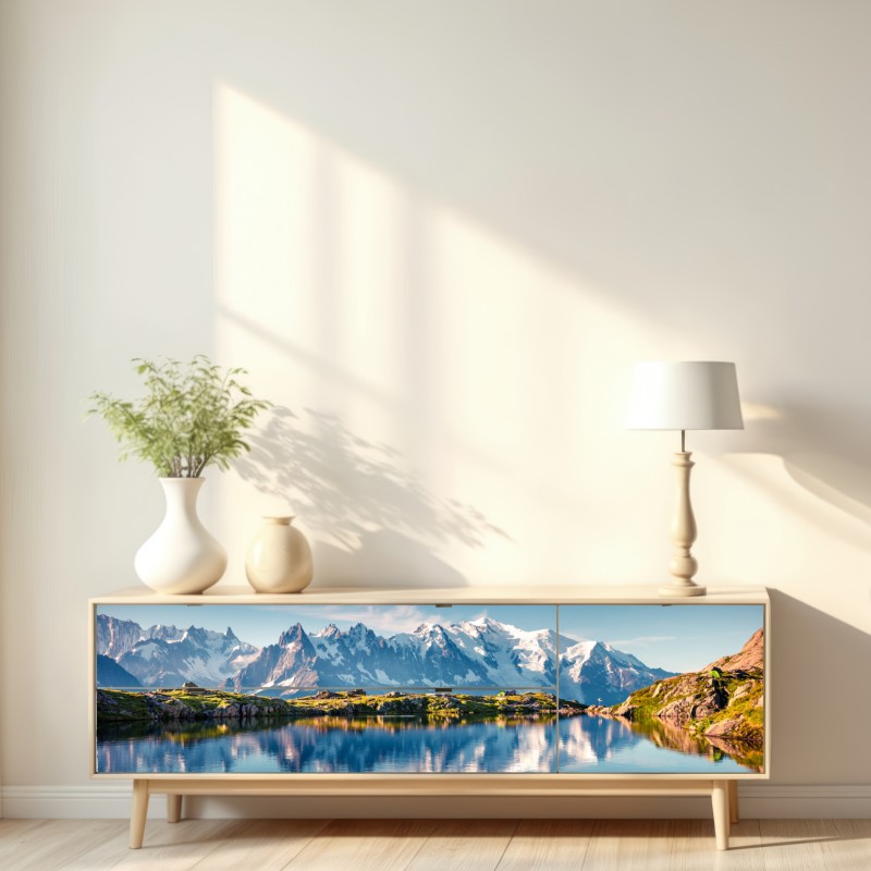 Naklejka repozycjonowalna panorama Mont Blanc odbita w Lac Blanc – Wallissimo® Naklejka repozycjonowalna panorama Mont Blanc odbita w Lac Blanc – Wallissimo®