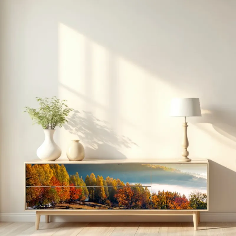 Naklejka repozycjonowalna mglisty jesienny wschód słońca na wsi – Wallissimo® Naklejka repozycjonowalna mglisty jesienny wschód słońca na wsi – Wallissimo®