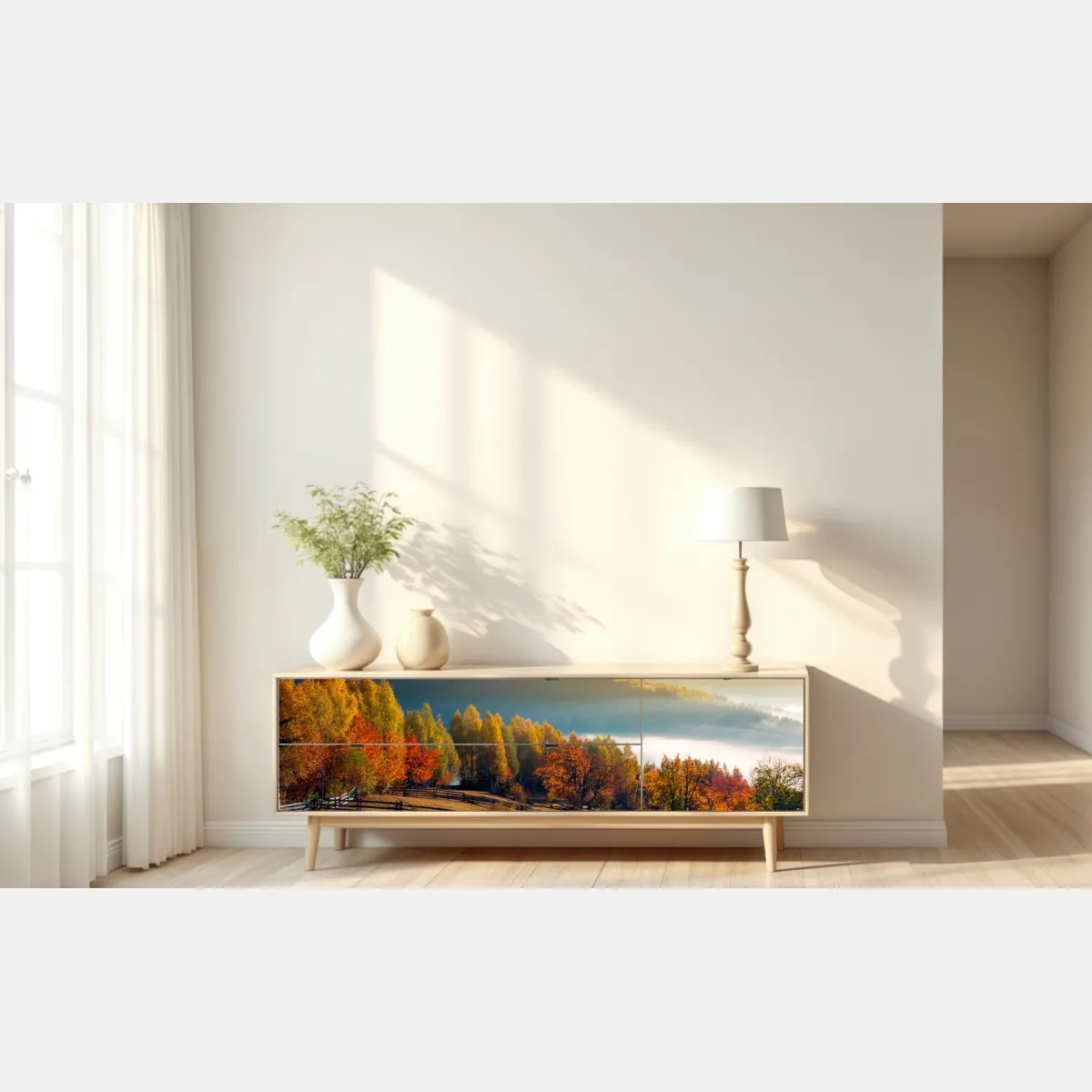 Naklejka repozycjonowalna mglisty jesienny wschód słońca na wsi – Wallissimo® Naklejka repozycjonowalna mglisty jesienny wschód słońca na wsi – Wallissimo®