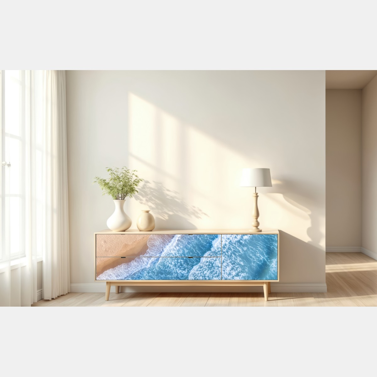 Naklejka repozycjonowalna widok z lotu ptaka na turkusowe fale i piaszczystą plażę – Wallissimo® Naklejka repozycjonowalna widok z lotu ptaka na turkusowe fale i piaszczystą plażę – Wallissimo®