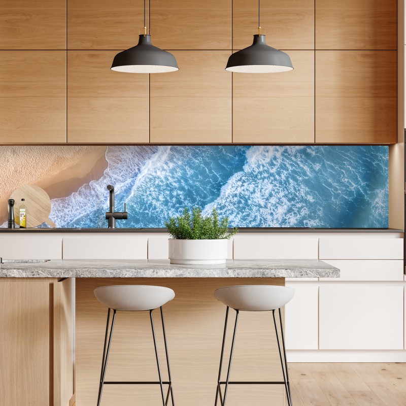 Naklejka repozycjonowalna widok z lotu ptaka na turkusowe fale i piaszczystą plażę – Wallissimo® Naklejka repozycjonowalna widok z lotu ptaka na turkusowe fale i piaszczystą plażę – Wallissimo®