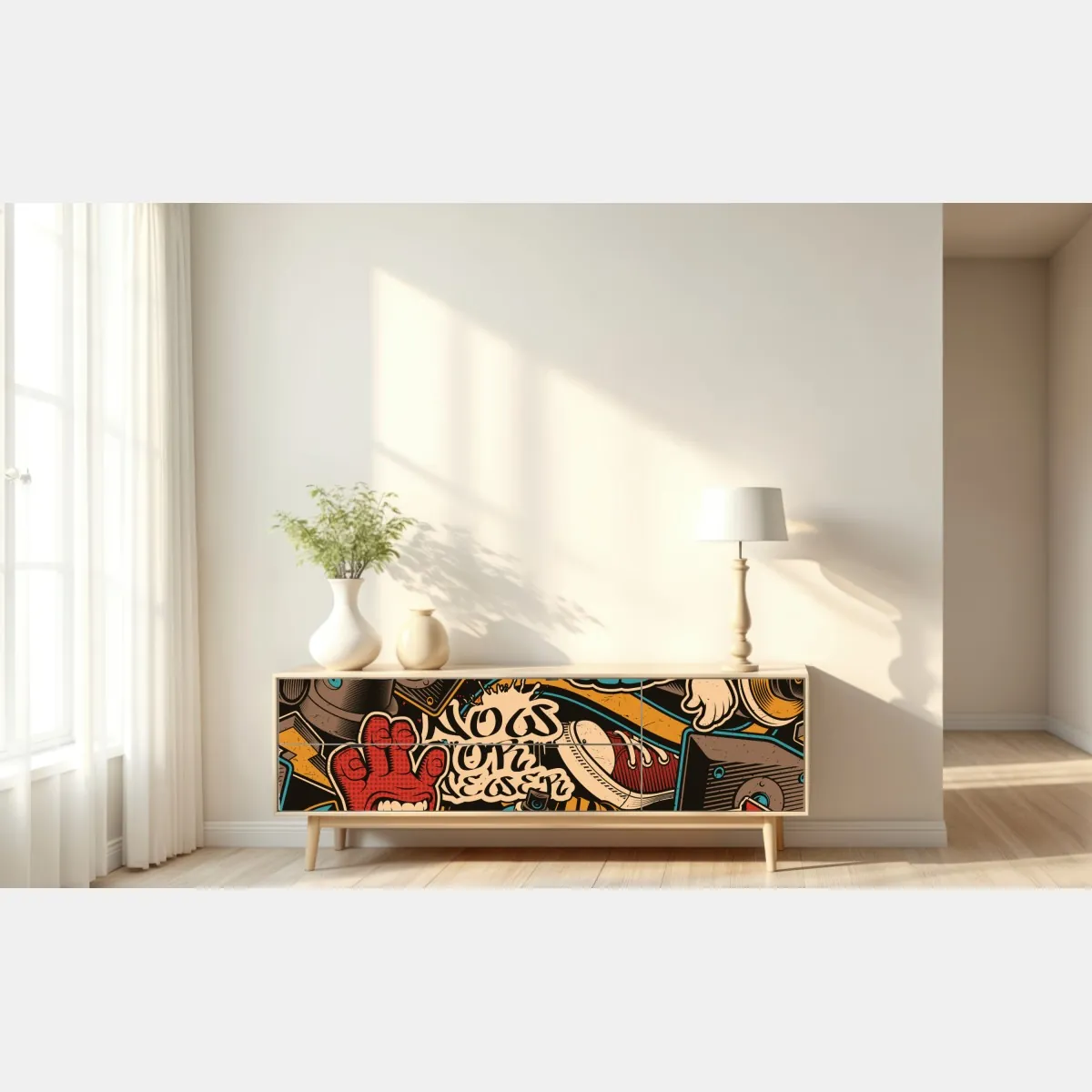 Naklejka repozycjonowalna miejski kolaż graffiti i pop-artu – Wallissimo® Naklejka repozycjonowalna miejski kolaż graffiti i pop-artu – Wallissimo®