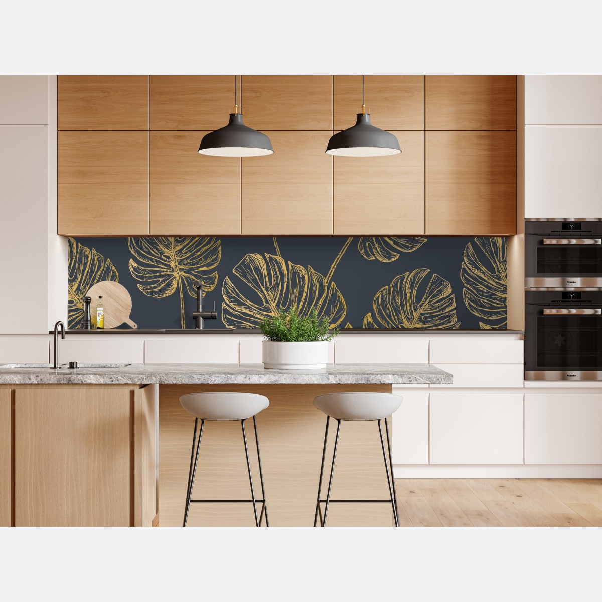 Naklejka repozycjonowalna złote liście monstery na ciemnym tle – Wallissimo® Naklejka repozycjonowalna złote liście monstery na ciemnym tle – Wallissimo®