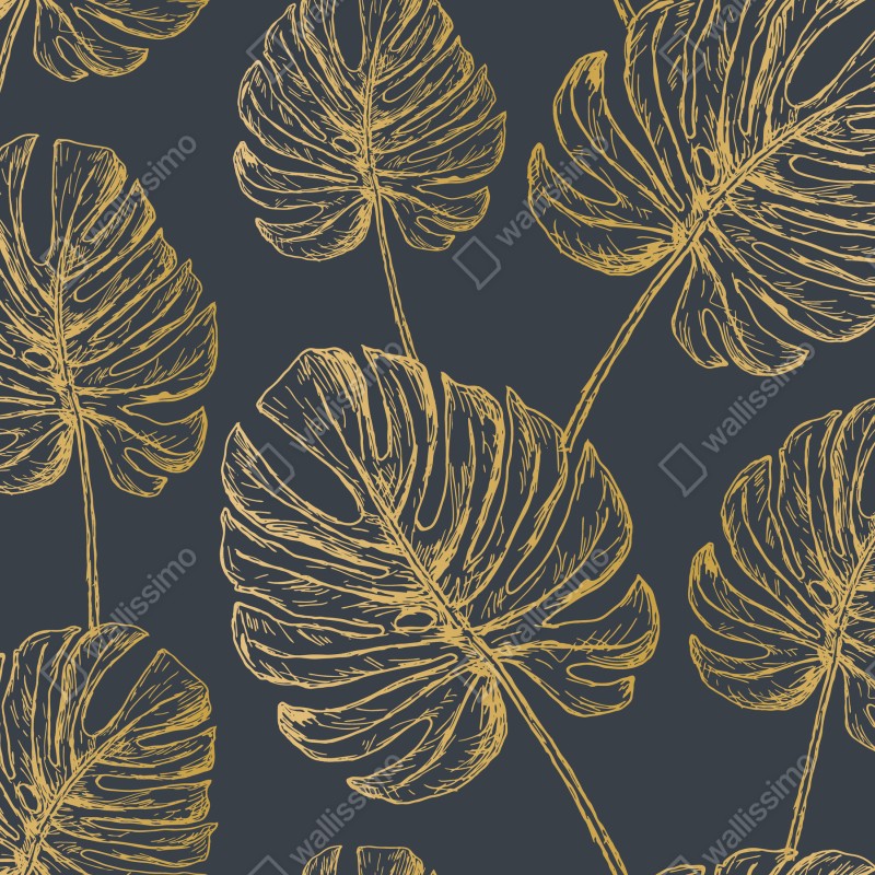 Naklejka repozycjonowalna złote liście monstery na ciemnym tle – Wallissimo® Naklejka repozycjonowalna złote liście monstery na ciemnym tle – Wallissimo®
