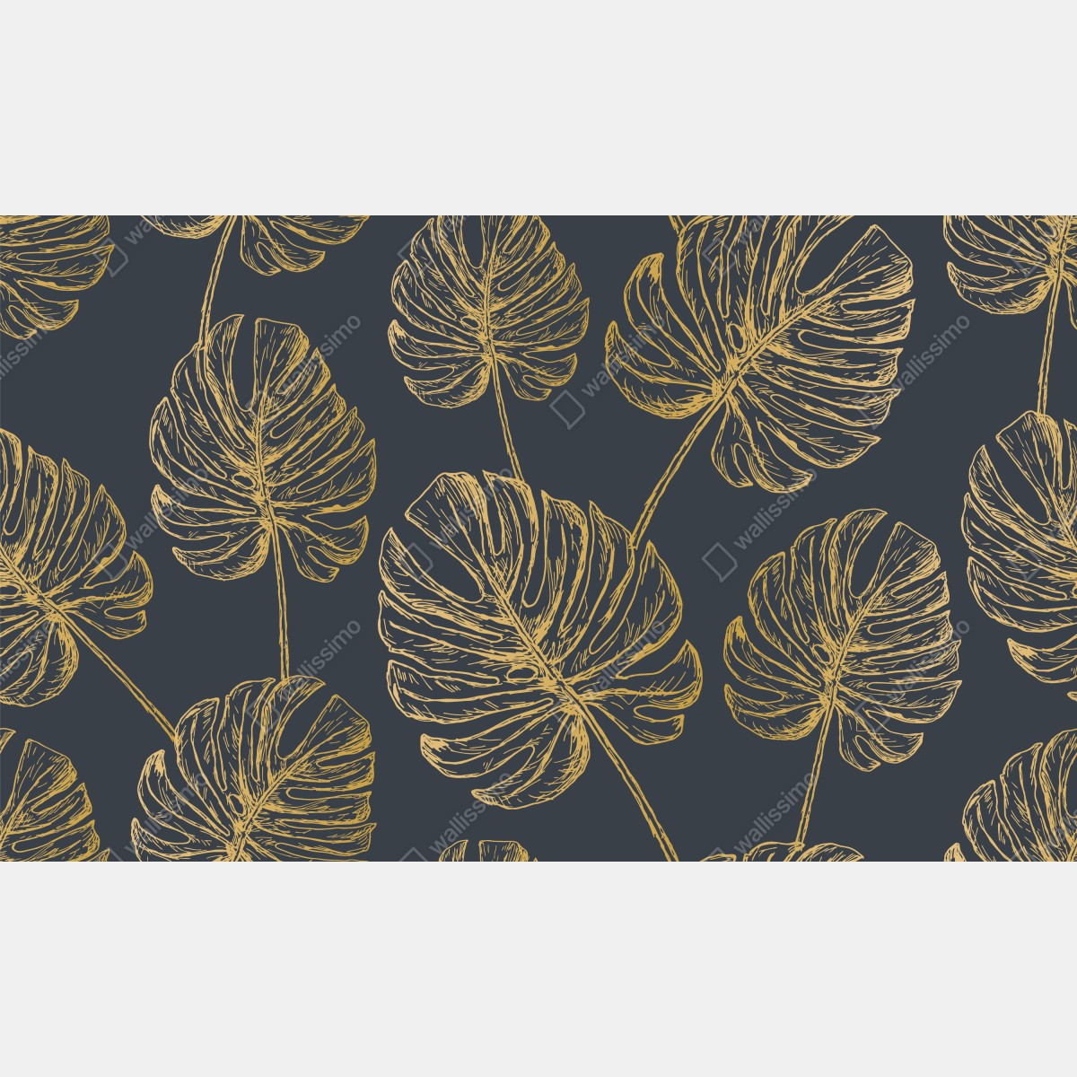 Naklejka repozycjonowalna złote liście monstery na ciemnym tle – Wallissimo® Naklejka repozycjonowalna złote liście monstery na ciemnym tle – Wallissimo®