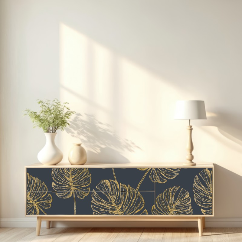 Naklejka repozycjonowalna złote liście monstery na ciemnym tle – Wallissimo® Naklejka repozycjonowalna złote liście monstery na ciemnym tle – Wallissimo®