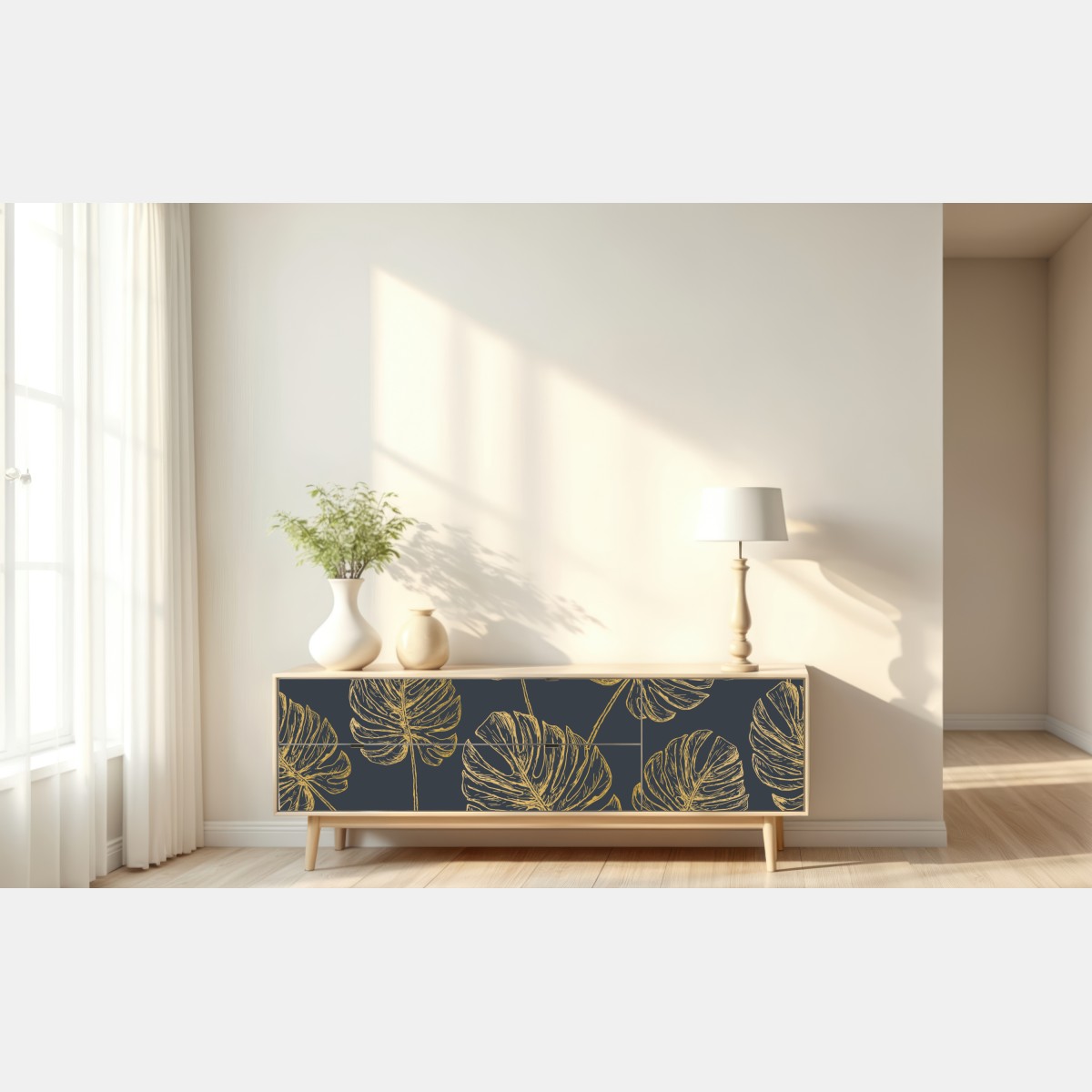 Naklejka repozycjonowalna złote liście monstery na ciemnym tle – Wallissimo® Naklejka repozycjonowalna złote liście monstery na ciemnym tle – Wallissimo®