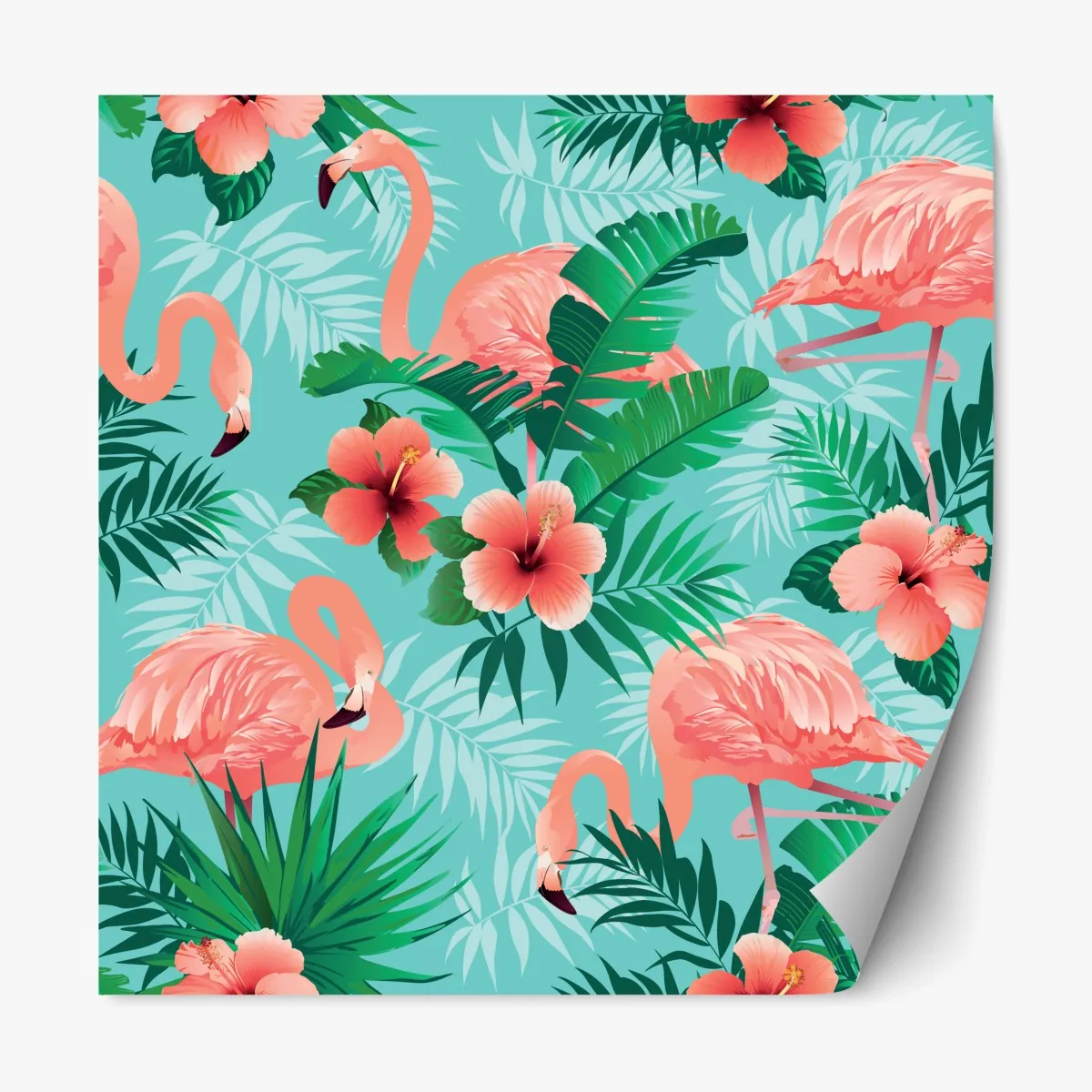 Naklejka repozycjonowalna tropikalna oaza z flamingami – Wallissimo® Naklejka repozycjonowalna tropikalna oaza z flamingami – Wallissimo®