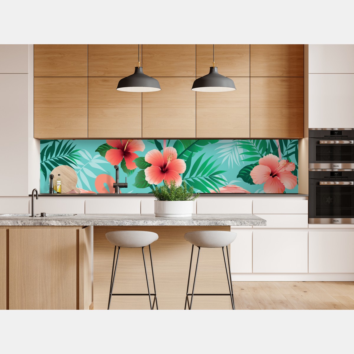 Naklejka repozycjonowalna tropikalna oaza z flamingami – Wallissimo® Naklejka repozycjonowalna tropikalna oaza z flamingami – Wallissimo®